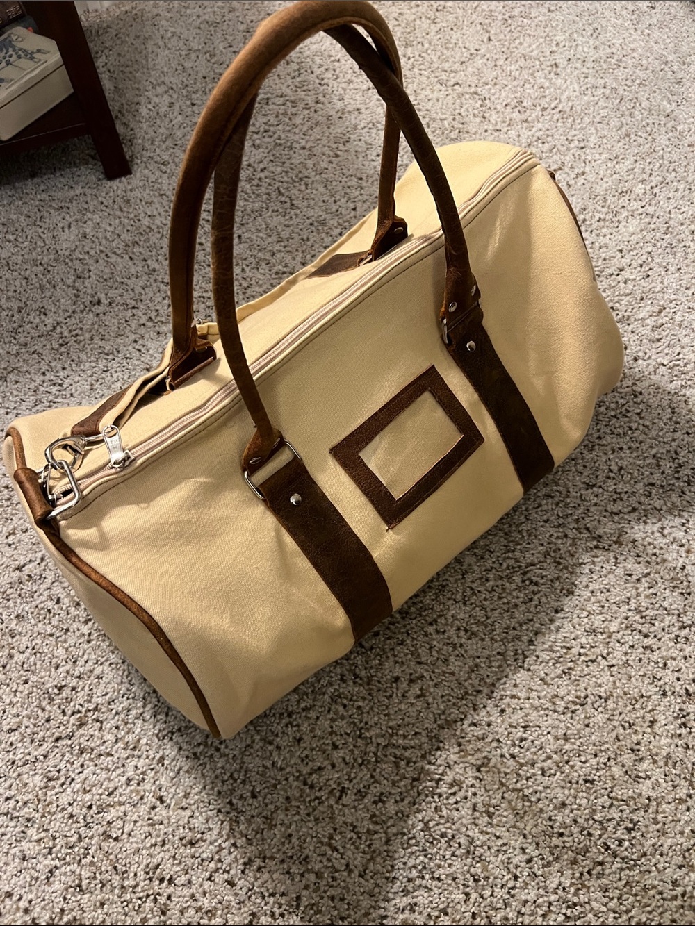 Canvas Duffel Bag with Brown Leather Handles and Accents - Beige